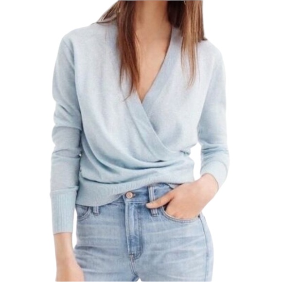 J. Crew Lurex Shimmer Metallic Baby Blue Knit Surplice Wrap Sweater Top - S - Picture 14 of 14